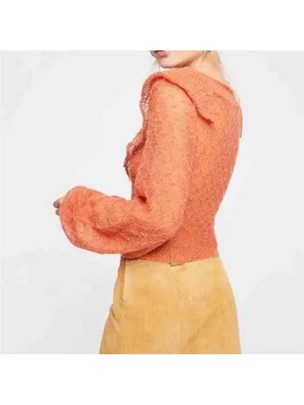 Free People Macaroon Ruffled Neck Mohair Wool Sweater Burnt Orange Ruffle size L - Picture 5 of 9